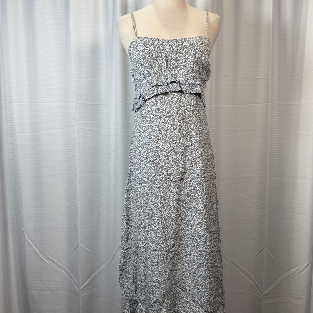 Solai Blue White Ditsy Floral Maxi Dress Ruffle Bust Adjustable Straps Sz Small
